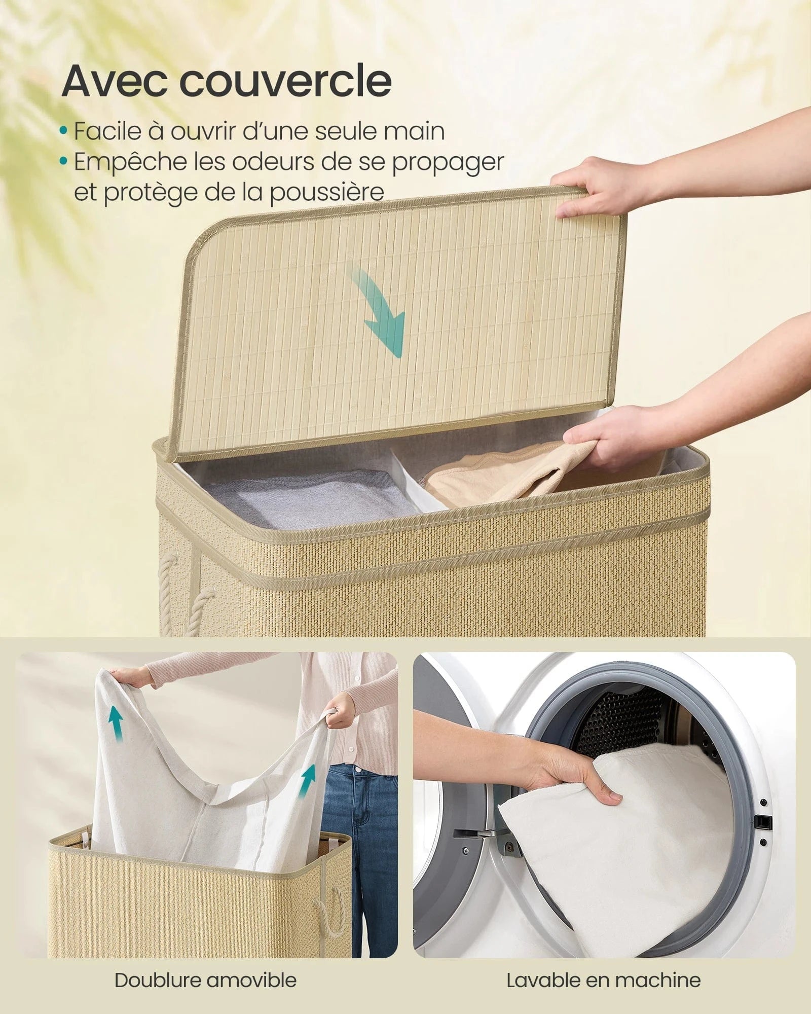 Bac à linge double avec couvercle et sac amovible 130 L / Nature