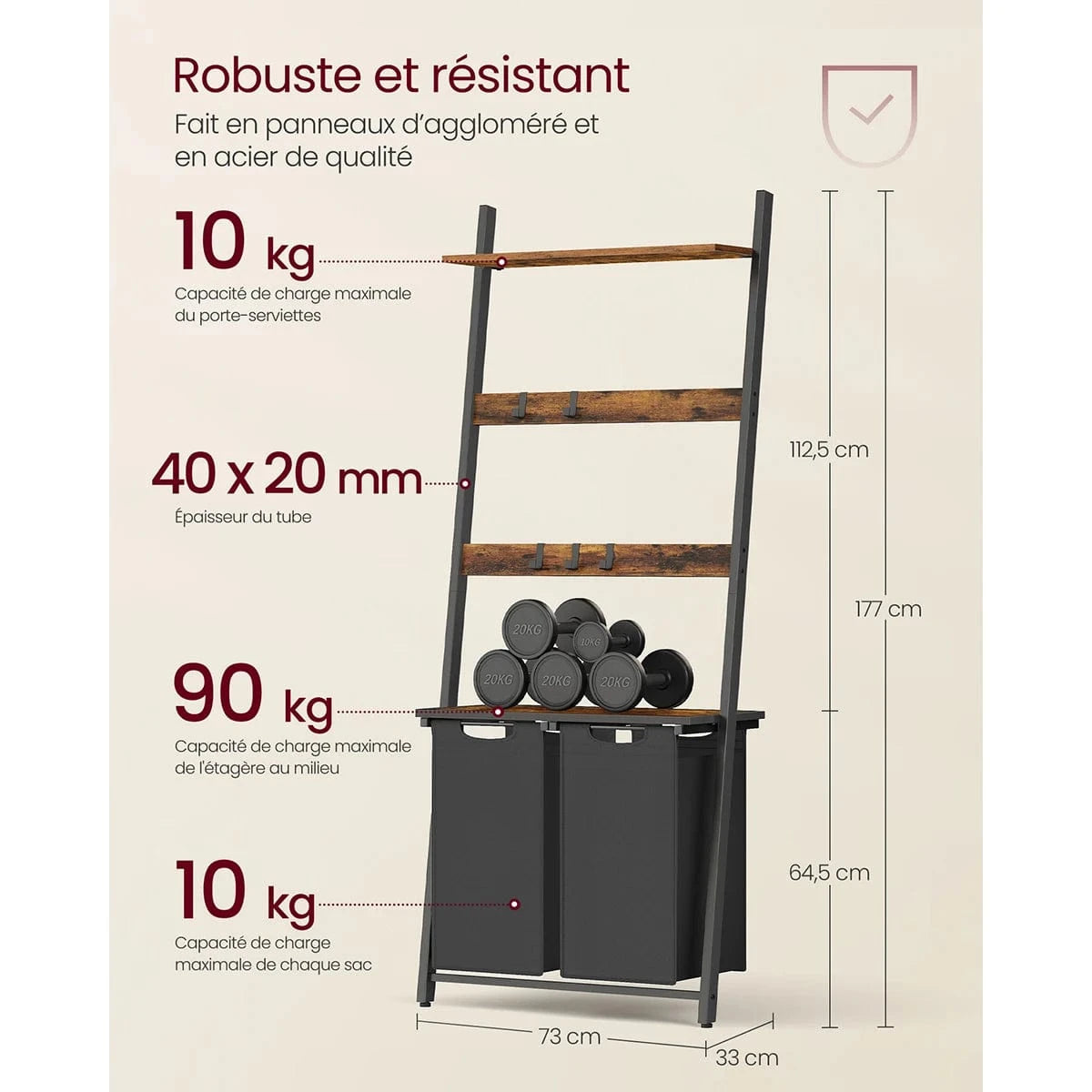 Meuble panier à linge avec étagères et sacs amovibles