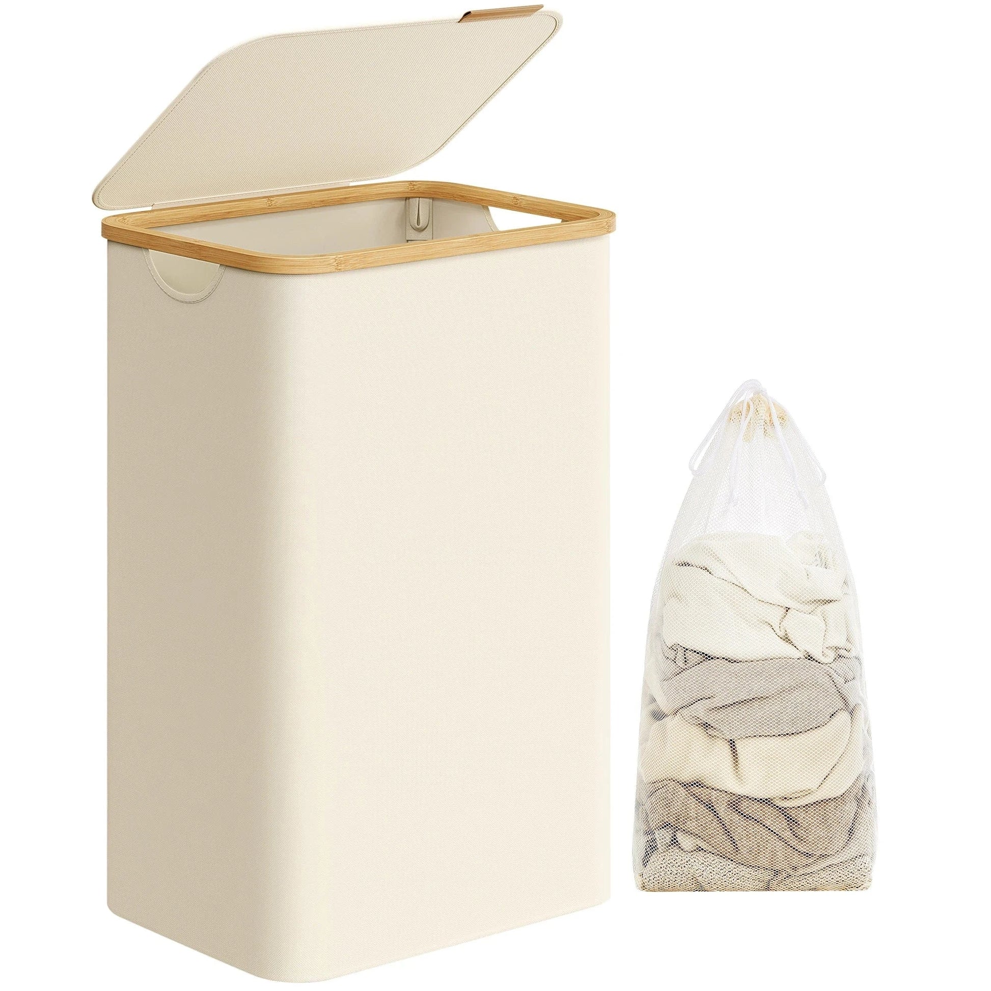 Panier à linge pliable 90L avec couvercle et sac Beige
